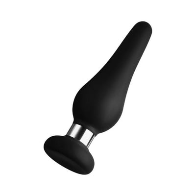 Black silicone tear drop shaped pleasure device with a smooth finish and a silver aluminum ring near the flat base.