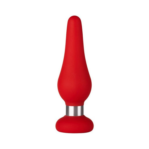 Red silicone pleasure device with teardrop shape and silver ring accent on flat base.
