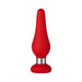Red silicone pleasure device with teardrop shape and silver ring accent on flat base.