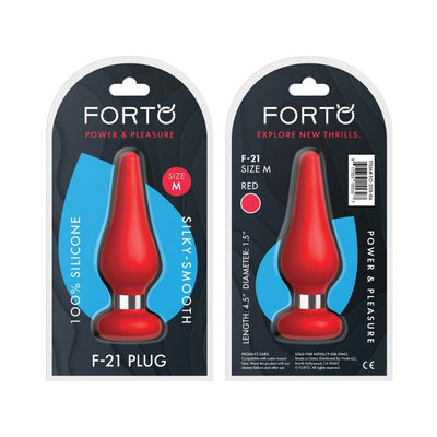 Forto F-21 medium red silicone plug with aluminum ring, shown in front and back retail packaging.