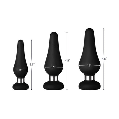 Set of three black silicone teardrop-shaped pleasure devices with aluminum rings and size dimensions shown.