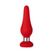Compact red silicone pleasure device with a tapered tip and flat base featuring a silver accent ring.