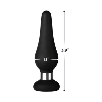 Black silicone tear drop-shaped pleasure device with aluminum ring base, measuring 3.9 inches long and 1.1 inches wide.
