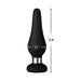 Black silicone tear drop-shaped pleasure device with aluminum ring base, measuring 3.9 inches long and 1.1 inches wide.