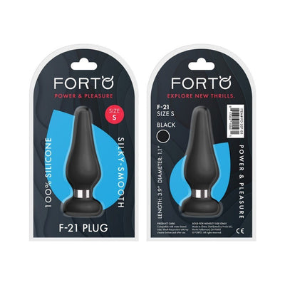 Forto F-21 small black silicone plug with aluminum ring base shown in front and back packaging.