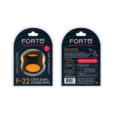 Forto F-22 double ring black silicone cock and ball ring packaging front and back view.