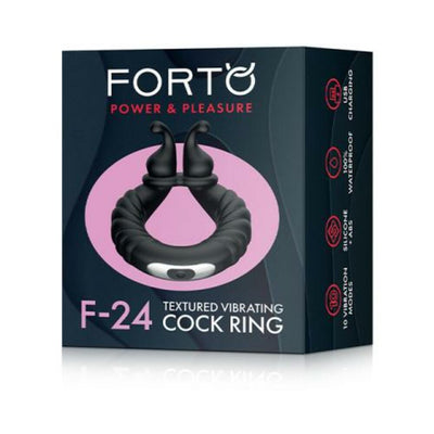 Packaging of Forto F-24 black silicone textured vibrating cock ring with USB rechargeable and waterproof features.