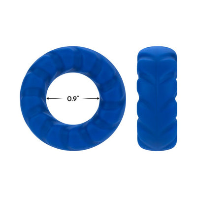 Blue textured 23mm silicone C-ring shown from front and side with 0.9 inch inner diameter measurement.