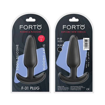 Forto F-31 large black silicone plug in retail packaging shown from front and back views.