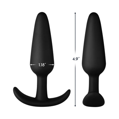 Black silicone plug with tapered shape and flared base, measuring 4.9 inches long and 1.18 inches wide.