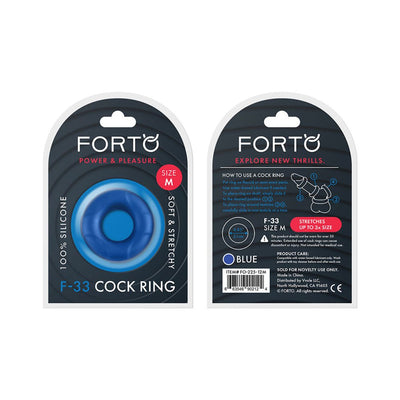 Packaging of Forto F-33 blue 21mm soft and stretchy 100% silicone C-ring with usage instructions and product details.