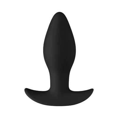 Black silicone T-shaped plug with smooth, tapered design and flared base for comfortable and safe use.