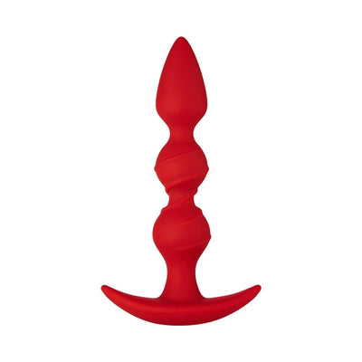 Red silicone beaded plug with spiral texture and flared base for safe and comfortable use.