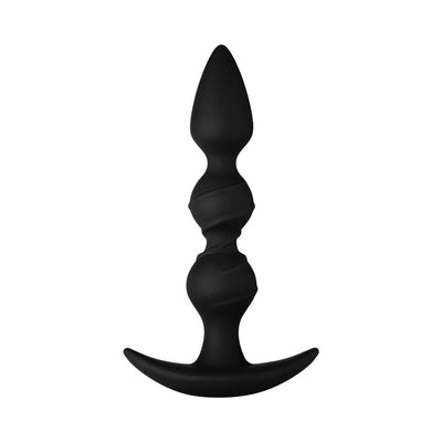 Black silicone beaded plug with spiral texture and flared base for comfortable and safe use.