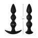 Black silicone beaded plug with spiral texture, 6.5 inches long and 1.3 inches wide, shown from front and side views.