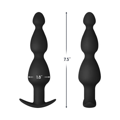 Black silicone cone beads with ergonomic flared base, measuring 7.5 inches long and 1.8 inches wide, shown from two angles.