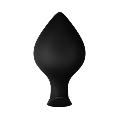 Small black silicone spade-shaped plug with flared base for safe and comfortable wear.