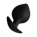 Black silicone spade-shaped plug with ergonomic flared base for comfortable and safe use, small size.