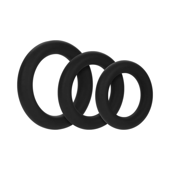Set of three black silicone stretch rings in varying sizes displayed on a white background.