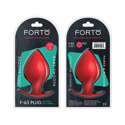 Red silicone spade-shaped plug with flared base in clear retail packaging, size large, featuring a rattling ball inside.