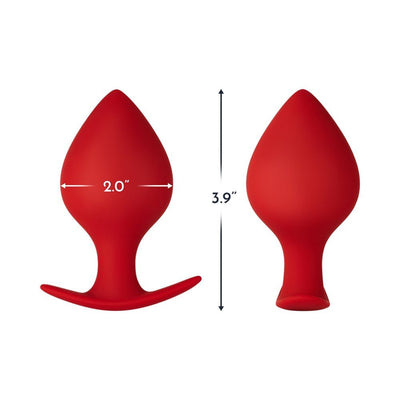 Red silicone spade-shaped plug with flared base, shown front and back with size dimensions 3.9 inches length and 2.0 inches width.