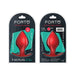 Forto F-63 medium red silicone spade-shaped plug with rattling ball, shown in front and back retail packaging.