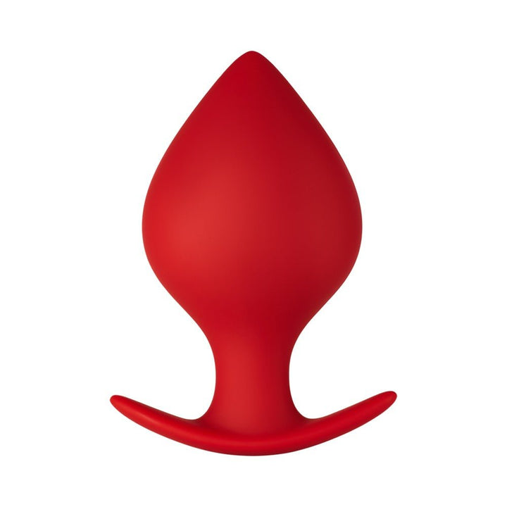 Red silicone spade-shaped plug with ergonomic flared base for comfortable and secure use.