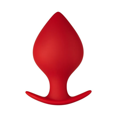 Red silicone spade-shaped plug with ergonomic flared base for comfortable and secure use.