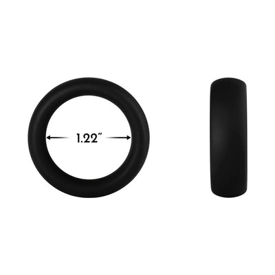 Black 40mm wide silicone ring shown from front with 1.22-inch inner diameter and side view.