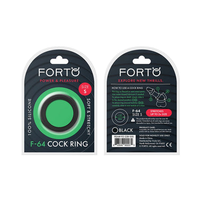Packaging of Forto F-64 black silicone stretch ring size small with usage instructions and product details.