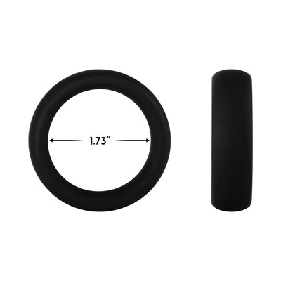 Black 45mm wide silicone ring with 1.73 inch inner diameter shown from front and side views.