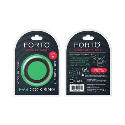 Front and back packaging of Forto F-64 medium size black 100% silicone stretch ring with usage instructions.