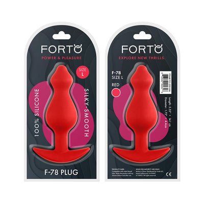 Front and back packaging of the Forto F-78 large red silicone plug with smooth texture and tapered design.