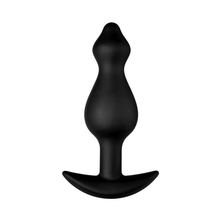 Black silicone plug with a tapered tip and secure base, designed for comfortable and safe use.