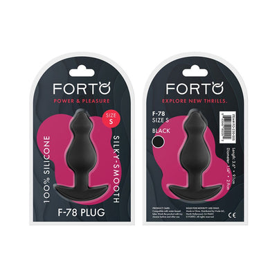 Forto F-78 small black silicone plug in retail packaging shown from front and back with product details.