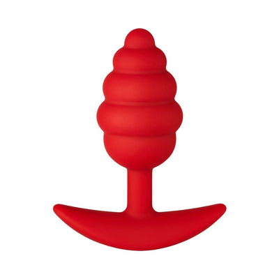 Red silicone butt plug with ribbed, honey dipper-inspired shape and curved anchor base for secure fit.