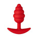 Red silicone butt plug with ribbed, honey dipper-inspired shape and curved anchor base for secure fit.