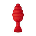 Red silicone butt plug with ribbed, honey dipper shape and a secure flared base for comfortable use.