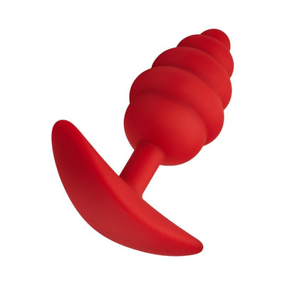 Red silicone butt plug with ribbed, honey dipper-inspired design and wide, curved base for secure fit.
