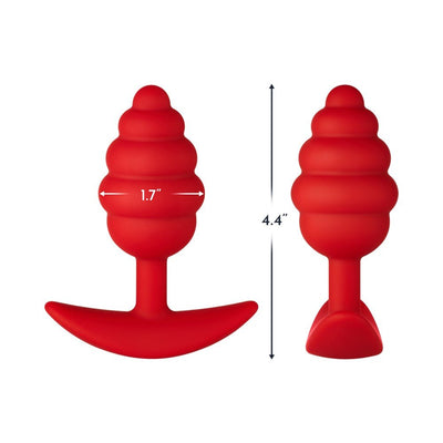 Red silicone ribbed butt plug with a curved base, measuring 1.7 inches wide and 4.4 inches long.