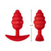 Red silicone ribbed butt plug with a curved base, measuring 1.7 inches wide and 4.4 inches long.