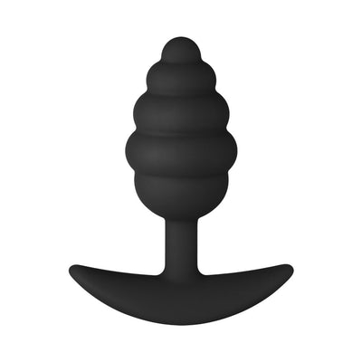 Black silicone butt plug with ribbed, honey dipper shape and curved anchor base for secure fit.