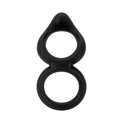 Black double ring made of smooth flexible silicone with an ergonomic shape and a tapered tip for enhanced stimulation.