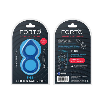 Forto F-88 blue double ring cock and ball ring packaging showing front and back with product details and usage instructions.