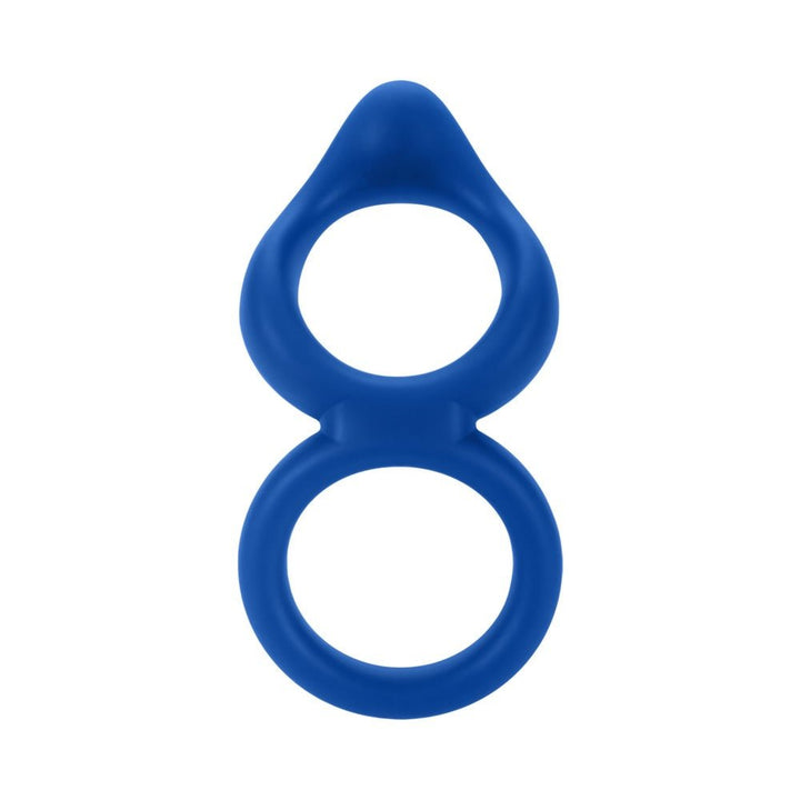 Blue double ring made of smooth liquid silicone with a flexible tip for enhanced comfort and stimulation.