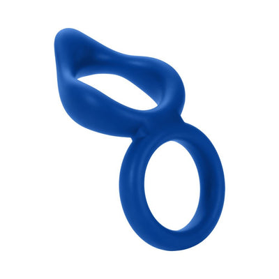 Blue double ring made of smooth flexible silicone with ergonomic design and built-in stimulation tip.