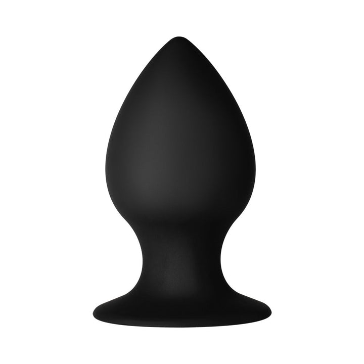 Black silicone cone-shaped adult toy with a sturdy suction cup base, designed for secure hands-free use.