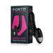 Black ribbed vibrating massager with ergonomic handle shown next to its Forto branded packaging box.