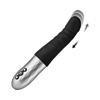 Sleek black personal massager with textured handle and adjustable thrust motion arrows on white background.