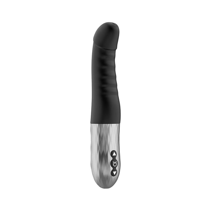 Sleek black personal massager with textured shaft and silver handle featuring control buttons.